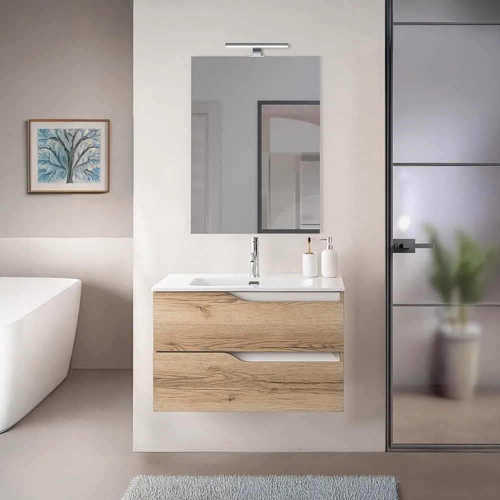 foto del prodotto mobile bagno sospeso 80cm quercia e bianco con lavabo e specchio sumya