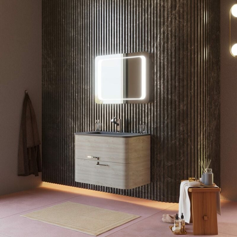 foto del prodotto mobile bagno sospeso 80cm rovere artico e lavabo in resina nero hollywood