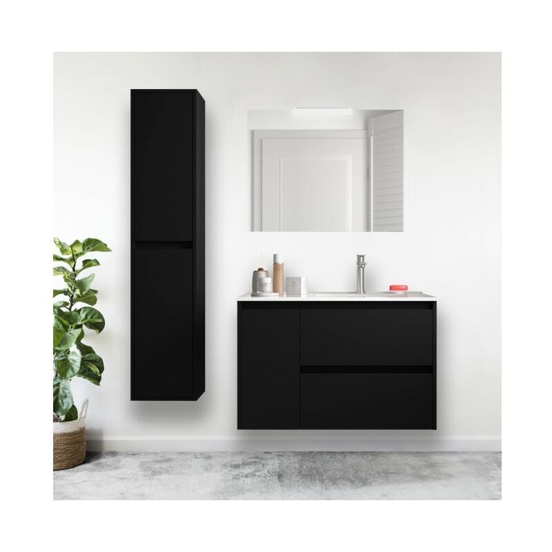 foto del prodotto mobile bagno sospeso 85 cm 2 cassetti e 1 anta in legno nero satinato con lavabo ad incasso nova standard