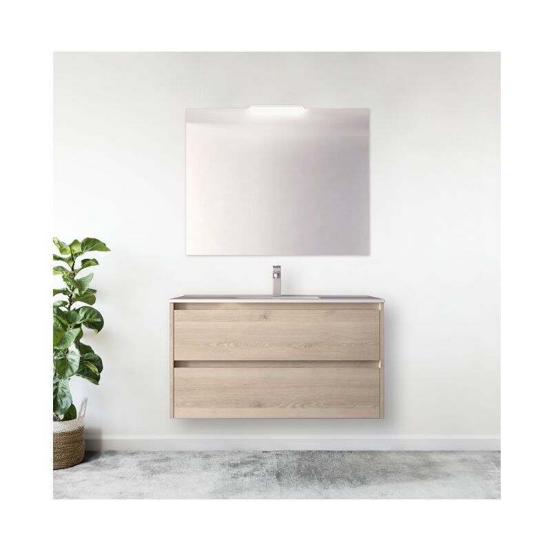 foto del prodotto mobile bagno sospeso 90 cm 2 cassetti in legno naturale con lavabo a incasso nova standard