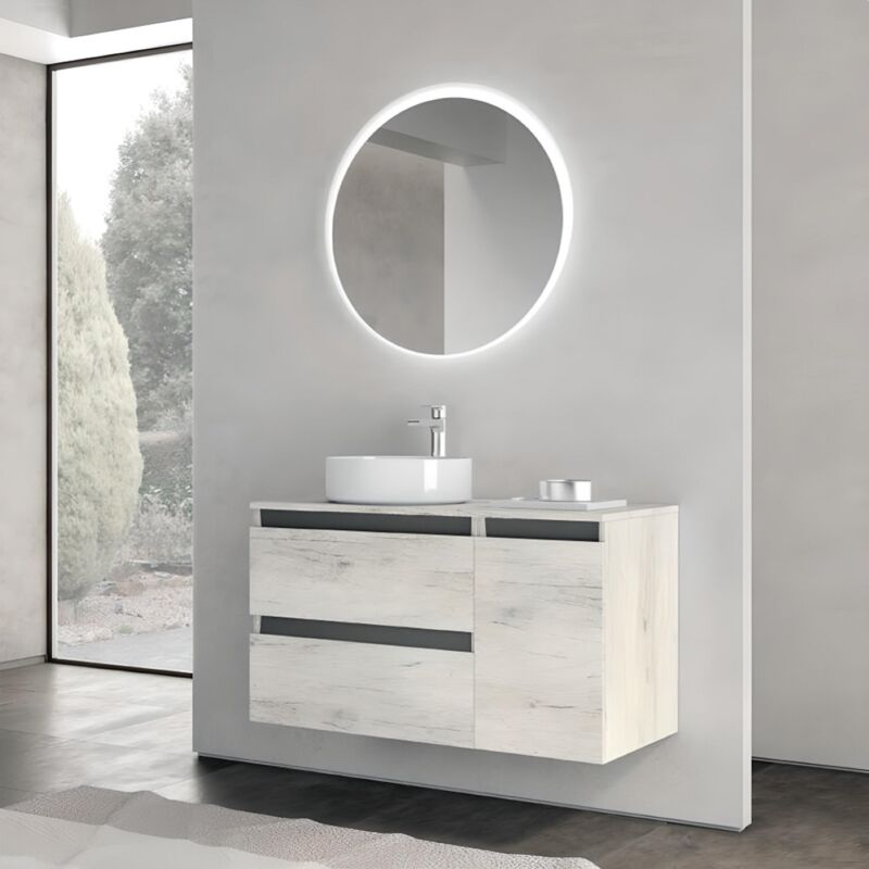 foto del prodotto mobile bagno sospeso 90 cm base doppio cassettone e lavabo cube2 quercia bianco