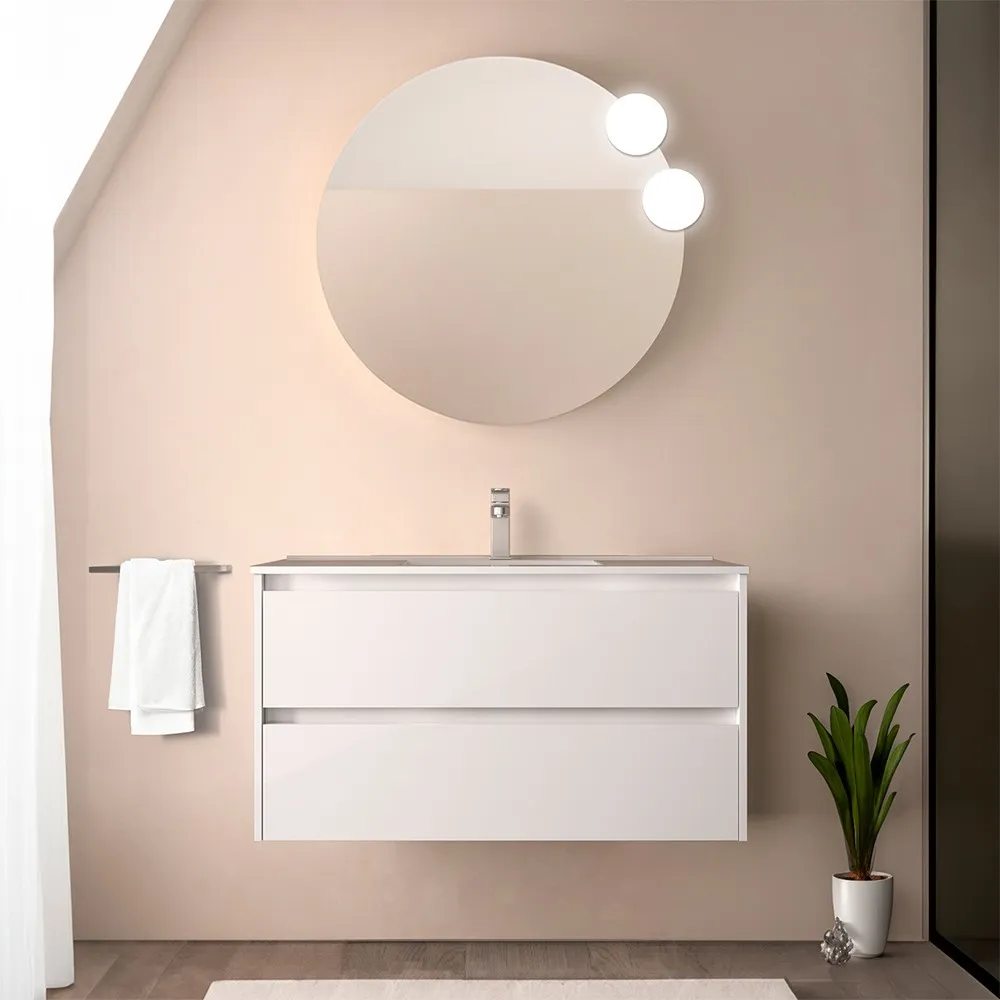 foto del prodotto mobile bagno sospeso 90 cm bianco lucido con specchio e lavabo gaya
