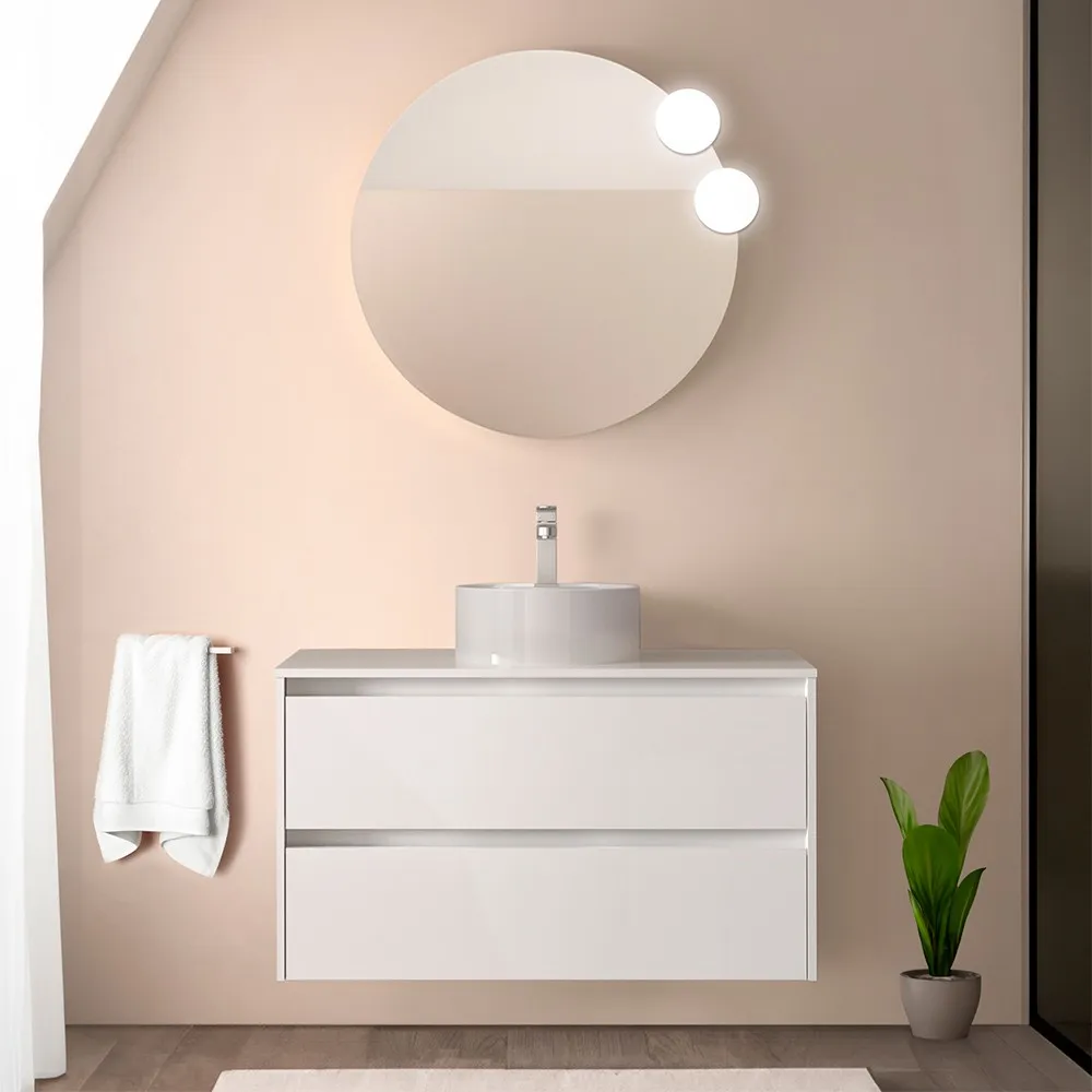 foto del prodotto mobile bagno sospeso 90 cm bianco lucido con top e specchio gaya