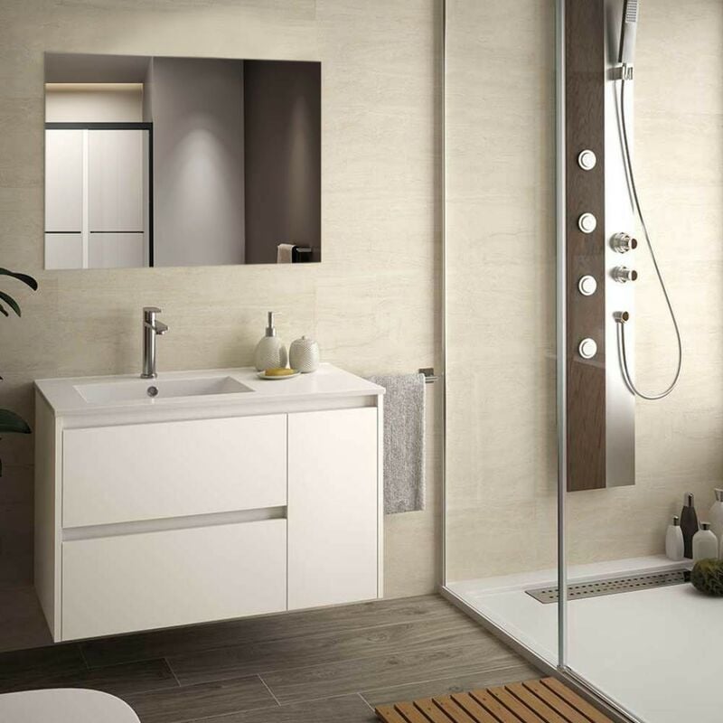 foto del prodotto mobile bagno sospeso 90 cm colore bianco larice con lavabo e specchio resia