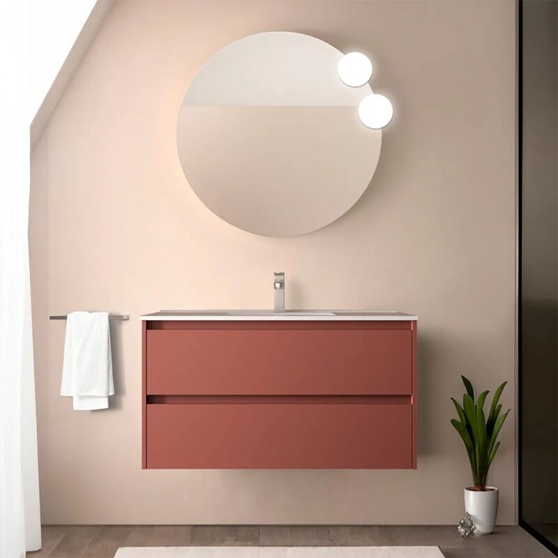 foto del prodotto mobile bagno sospeso 90 cm rosso satinato con specchio e lavabo gaya