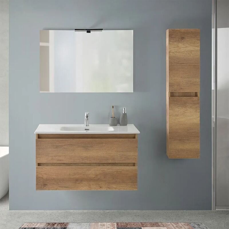 foto del prodotto mobile bagno sospeso 90 cm rovere naturale con pensile h 125 cm nadia