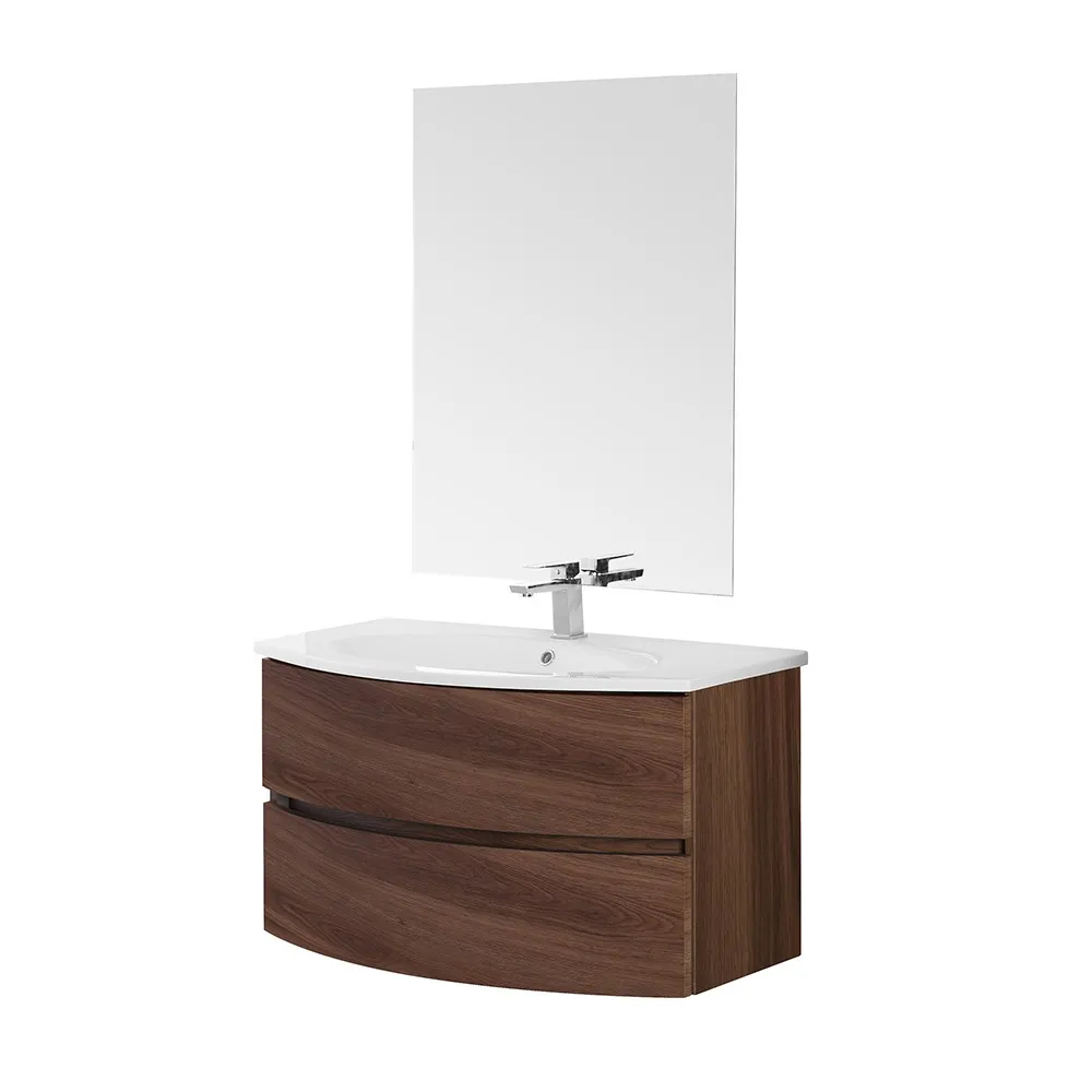 foto del prodotto mobile bagno sospeso 90 noce con lavabo e specchio 70x90 cm maiori