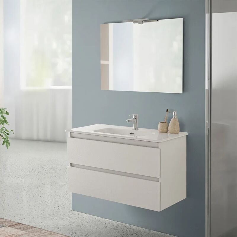 foto del prodotto mobile bagno sospeso 90 rovere bianco completo con 2 cassetti nadia