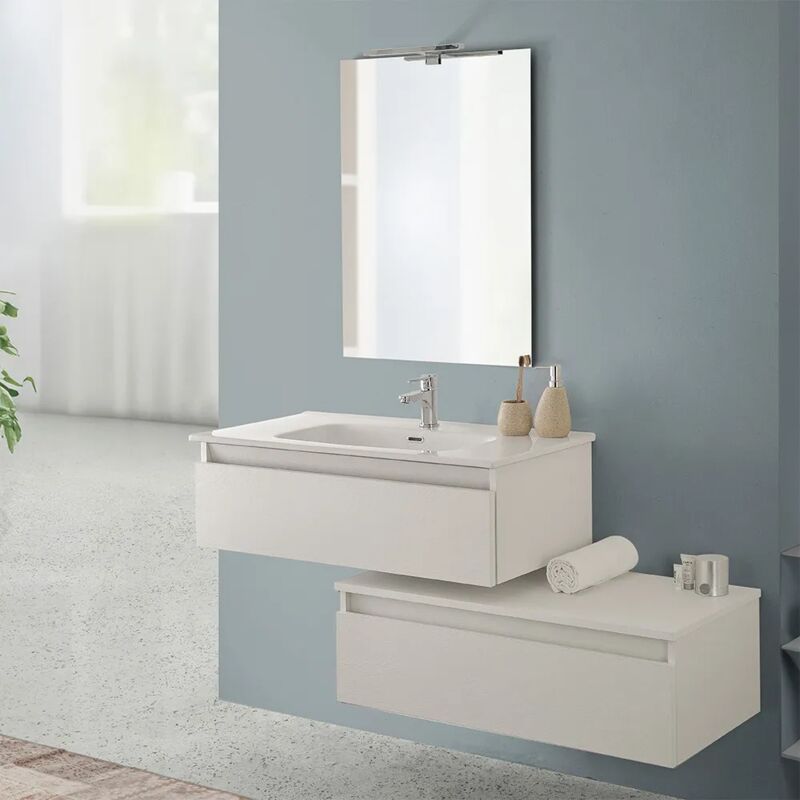 foto del prodotto mobile bagno sospeso 90 rovere bianco con base lavabo e cassetto nadia