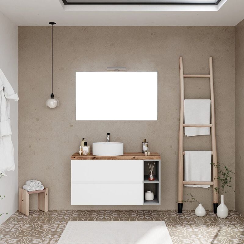 foto del prodotto mobile bagno sospeso bianco 100cm, vano a giorno grigio, top rovere e specchio 100x60 nizza