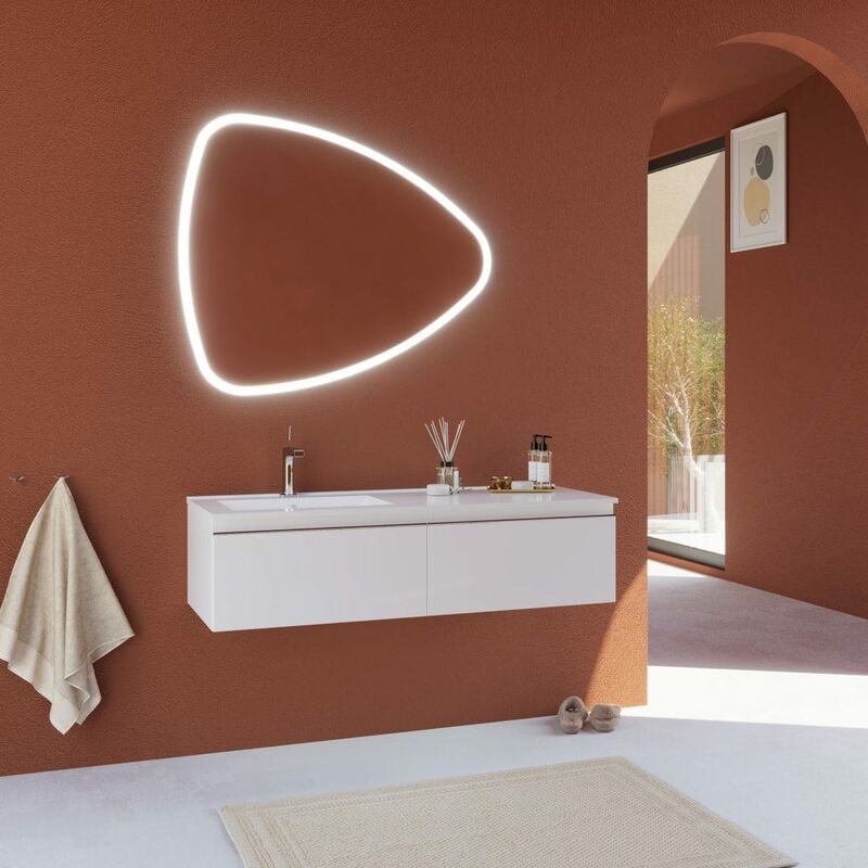 foto del prodotto mobile bagno sospeso bianco, lavabo decentrato e specchio a goccia seattle
