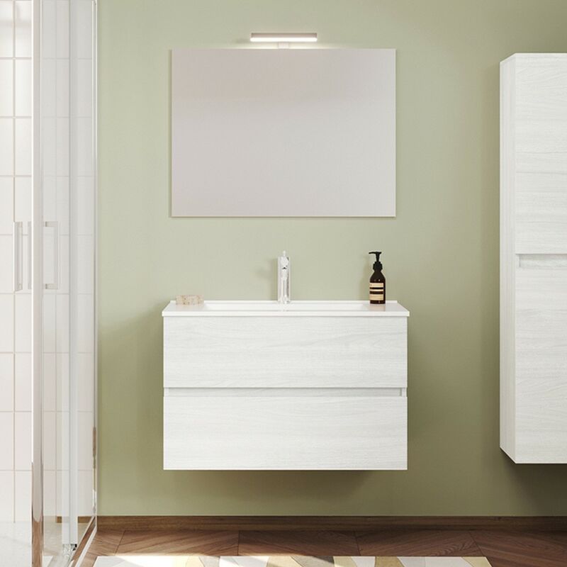 foto del prodotto mobile bagno sospeso bianco venato 80 cm lavabo e specchiera led easy