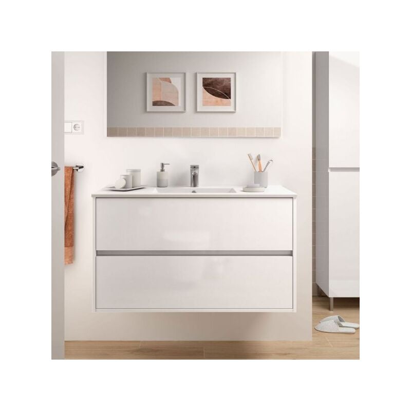 foto del prodotto mobile bagno sospeso claros100 bianco laccato lucido con lavabo 2 cassetti 100x45x56h