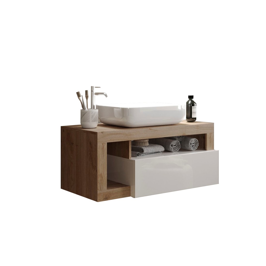 foto del prodotto mobile bagno sospeso con lavabo e cassetto, collezione bura, bianco lucido rovere chiaro