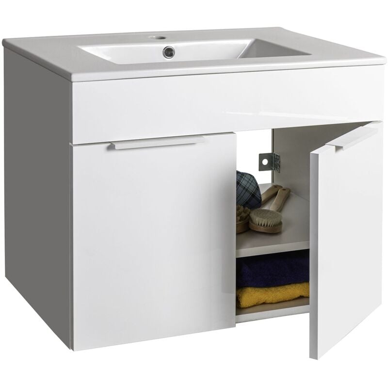 foto del prodotto mobile bagno sospeso con lavabo in ceramica bianco lucido e cemento h 58 cm con 2 ante in legno