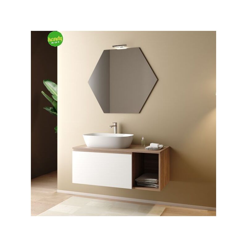 foto del prodotto mobile bagno sospeso con specchiera e lavabo da appoggio modello esagonal 105cm composizione completa - portuna noce scuro bianco opaco mobo