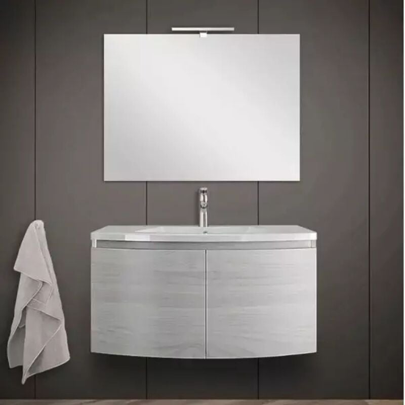 foto del prodotto mobile bagno sospeso con specchiera e lavabo integrato modello giulia 80cm composizione completa legno nordico bianco lucido savini due
