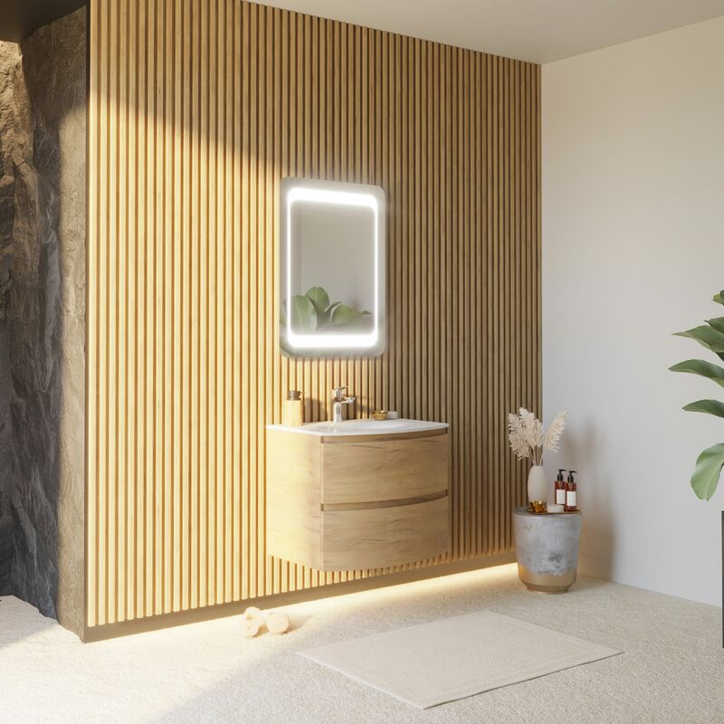 foto del prodotto mobile bagno sospeso curvo 70cm rovere miele con lavabo in resina los angeles
