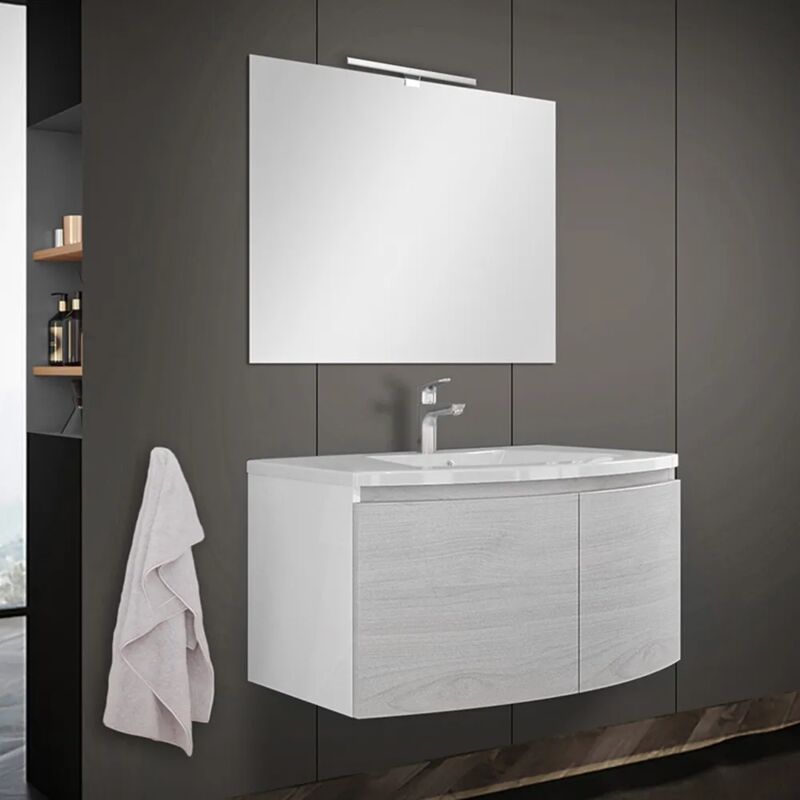 foto del prodotto mobile bagno sospeso curvo 80 cm rovere nordico con lavabo e specchio
