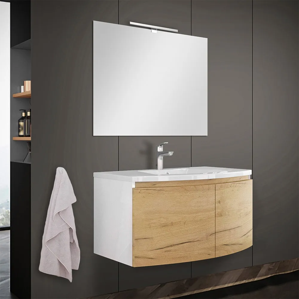 foto del prodotto mobile bagno sospeso curvo 80 cm rovere oro con lavabo e specchio