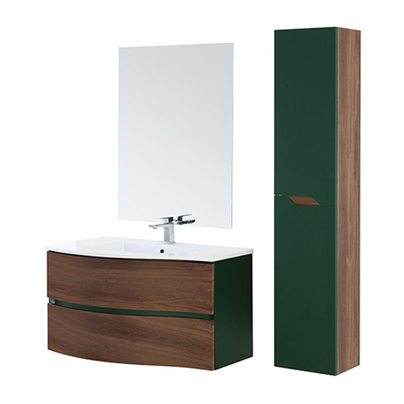 foto del prodotto mobile bagno sospeso curvo noce verde composizione lavabo specchio minori