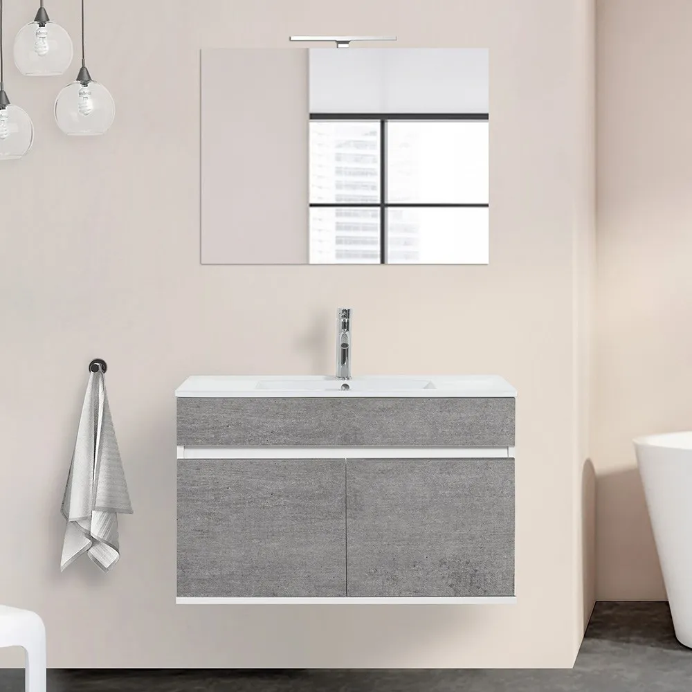 foto del prodotto mobile bagno sospeso da 90 cm duble grigio industrial con lavabo e specchio