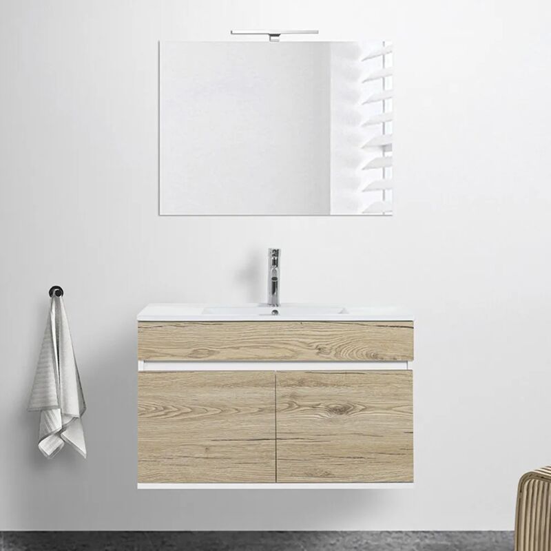 foto del prodotto mobile bagno sospeso da 90 cm duble rovere africa con lavabo e specchio