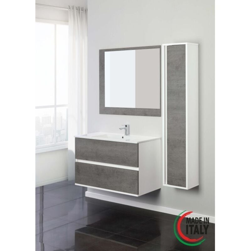 foto del prodotto mobile bagno sospeso fabula 2 cassetti bianco e cemento, 90x47x57 cm