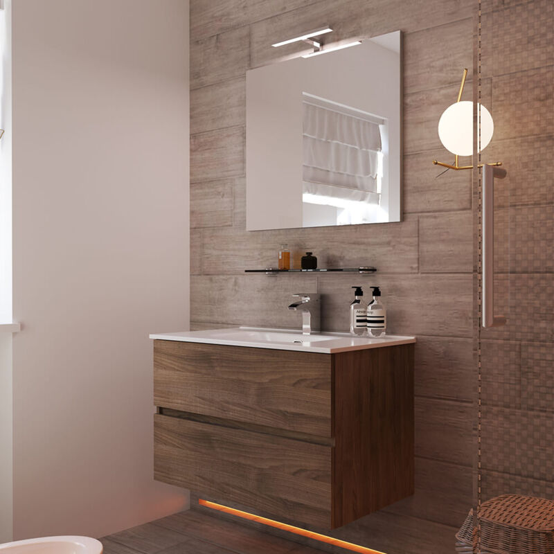 foto del prodotto mobile bagno sospeso noce 90 cm doppio cassetto con specchio filo lucido e colonna da 162 cm