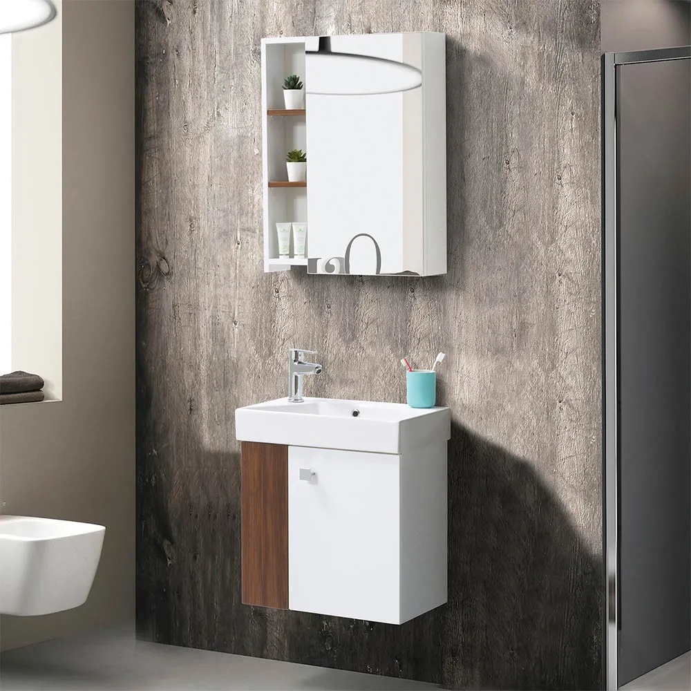 foto del prodotto mobile bagno sospeso salvaspazio 55 cm bianco e noce canaletto con specchio strada