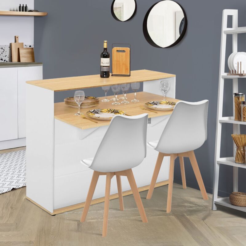 foto del prodotto mobile bar bianco vito allungabile come tavolo da pranzo a 2 posti con piano in legno