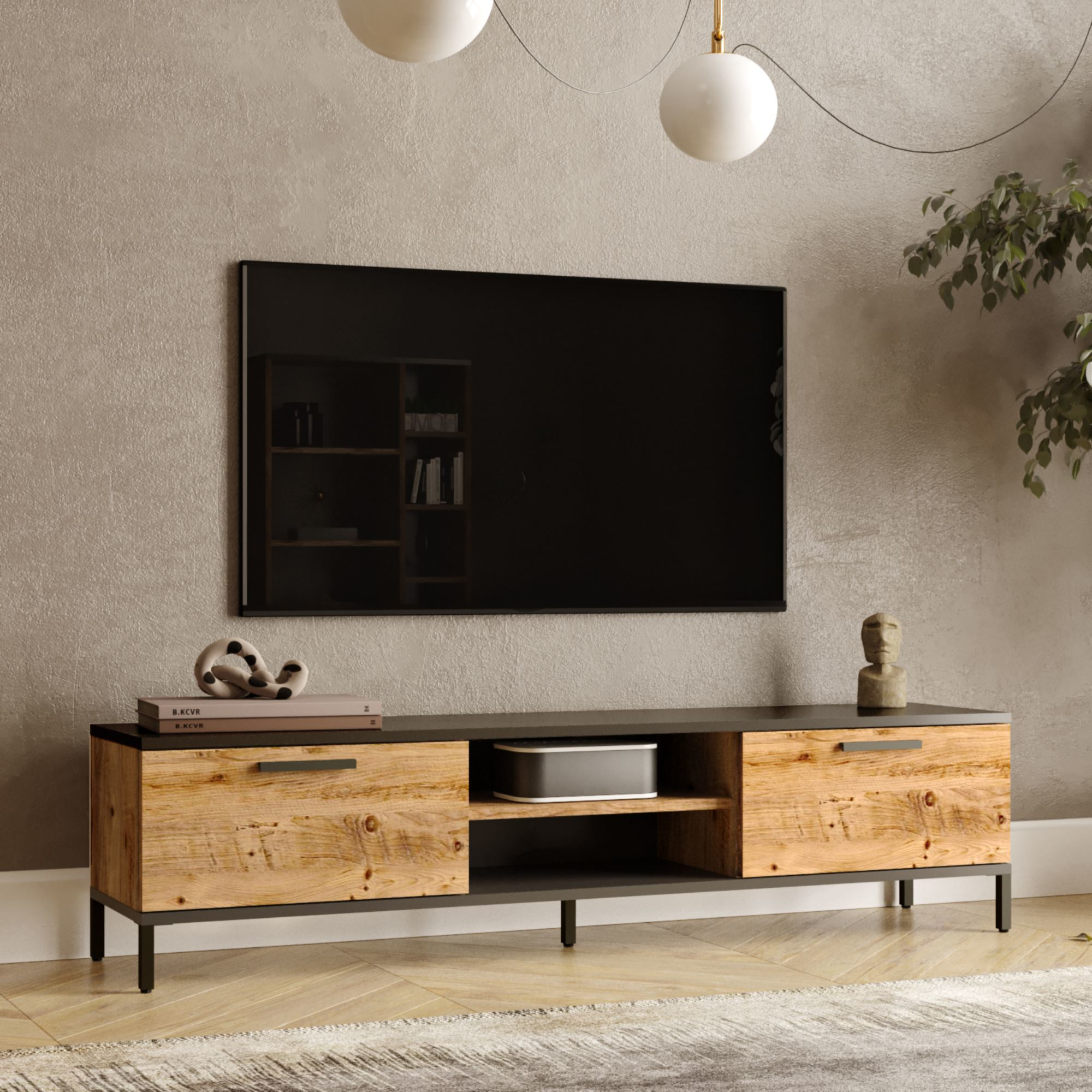 foto del prodotto mobile basso 39 lemp l 39 supporto tv con passaggio cavi consolle con sportelli a ribalta rovere rustico antracite
