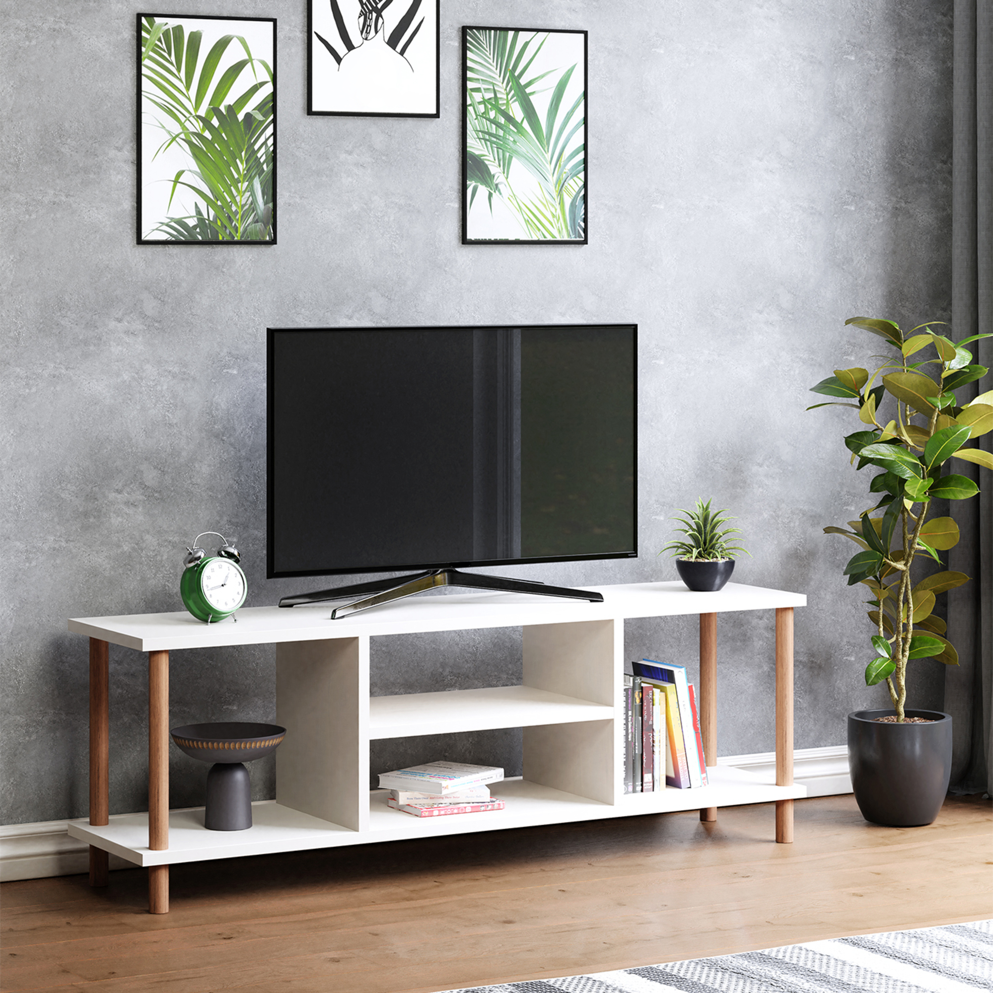 foto del prodotto mobile basso porta tv 39 r sk bing 39 con scomparti aperti e gambe di faggio bianco en.casa 