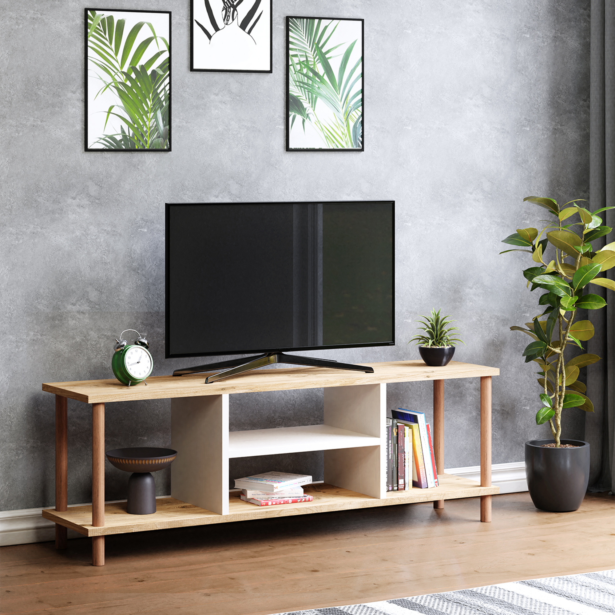 foto del prodotto mobile basso porta tv ' r sk bing' con scomparti aperti e gambe di faggio - color legno / bianco en.casa