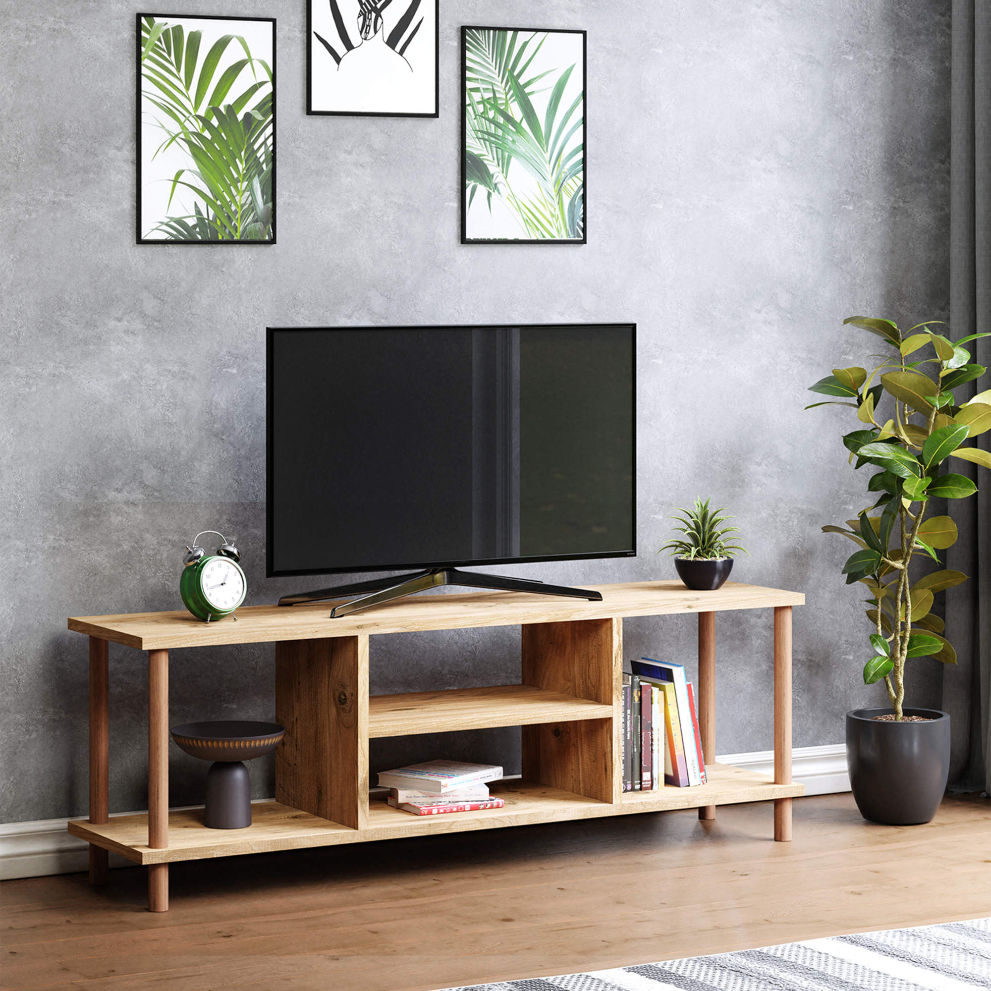 foto del prodotto mobile basso porta tv ' r sk bing' con scomparti aperti e gambe di faggio - color legno en.casa