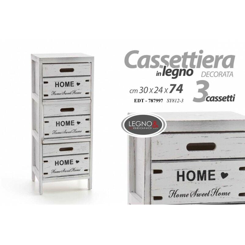 foto del prodotto mobile cassettiera home bianca shabby legno 3 cassetti cm 30 x 24 x 74 h