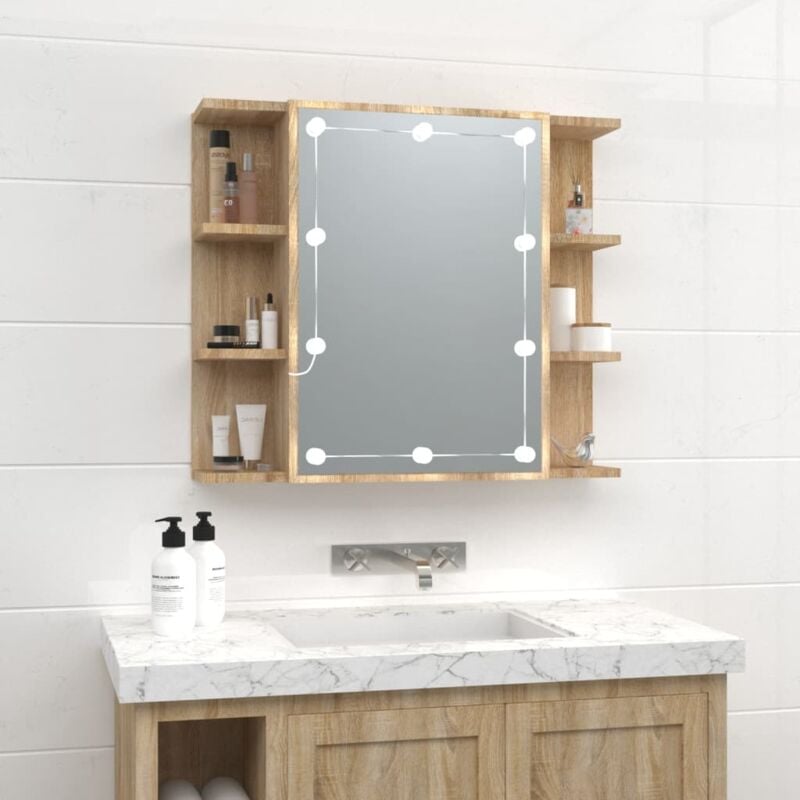 foto del prodotto mobile con anta dotata specchio led e ripiani laterali per bagno vari colori colore rovere