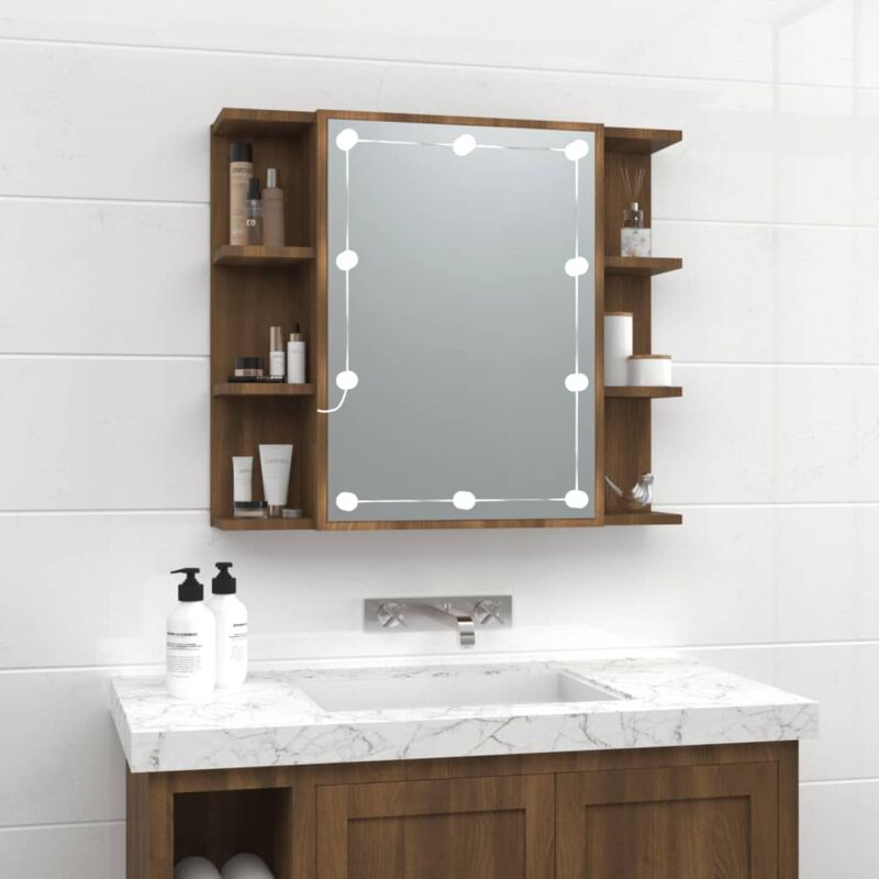foto del prodotto mobile con anta dotata specchio led e ripiani laterali per bagno vari colori colore rovere scuro