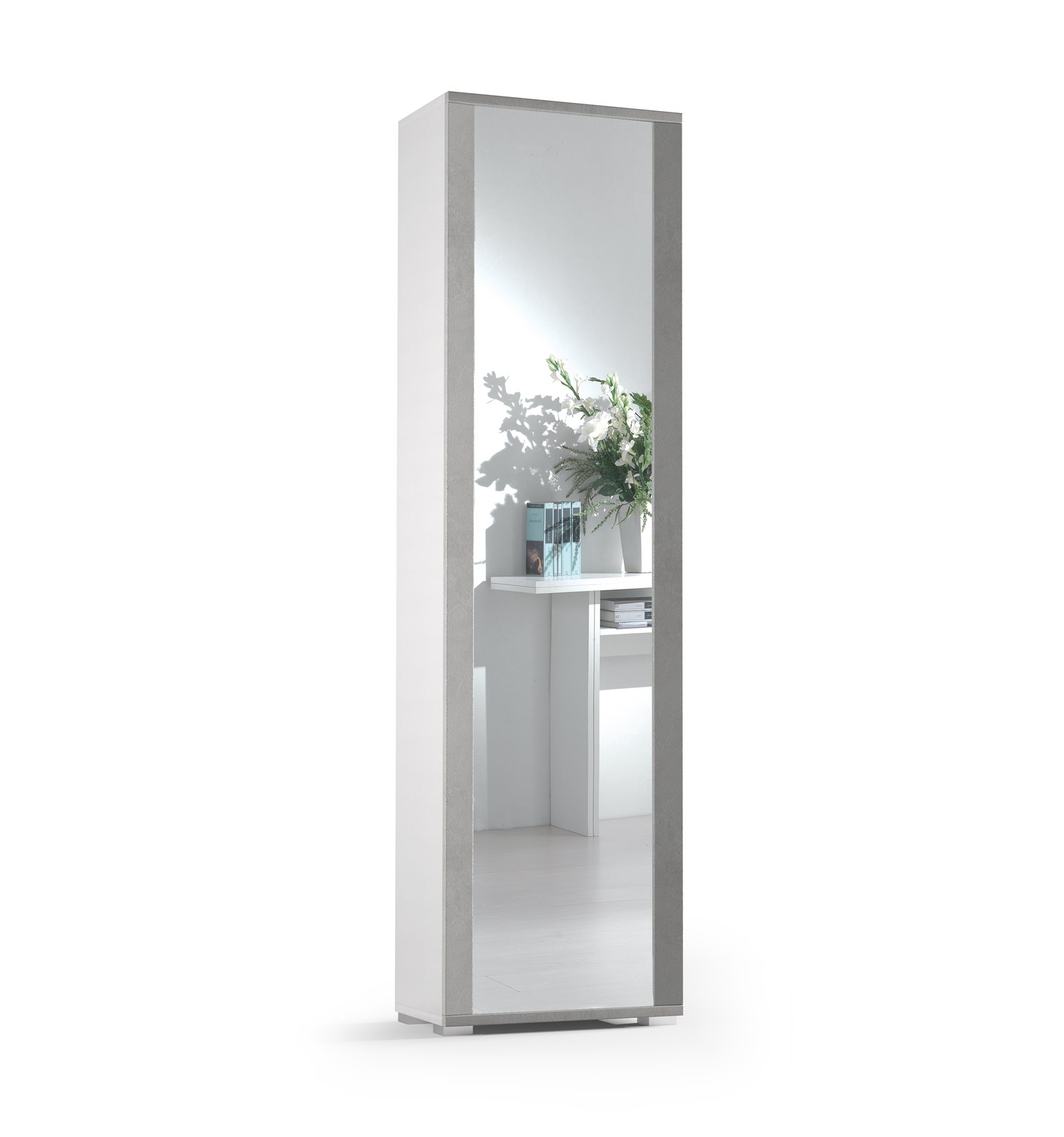 foto del prodotto mobile con anta telaio a specchio sette ripiani bianco specchio cornice cemento