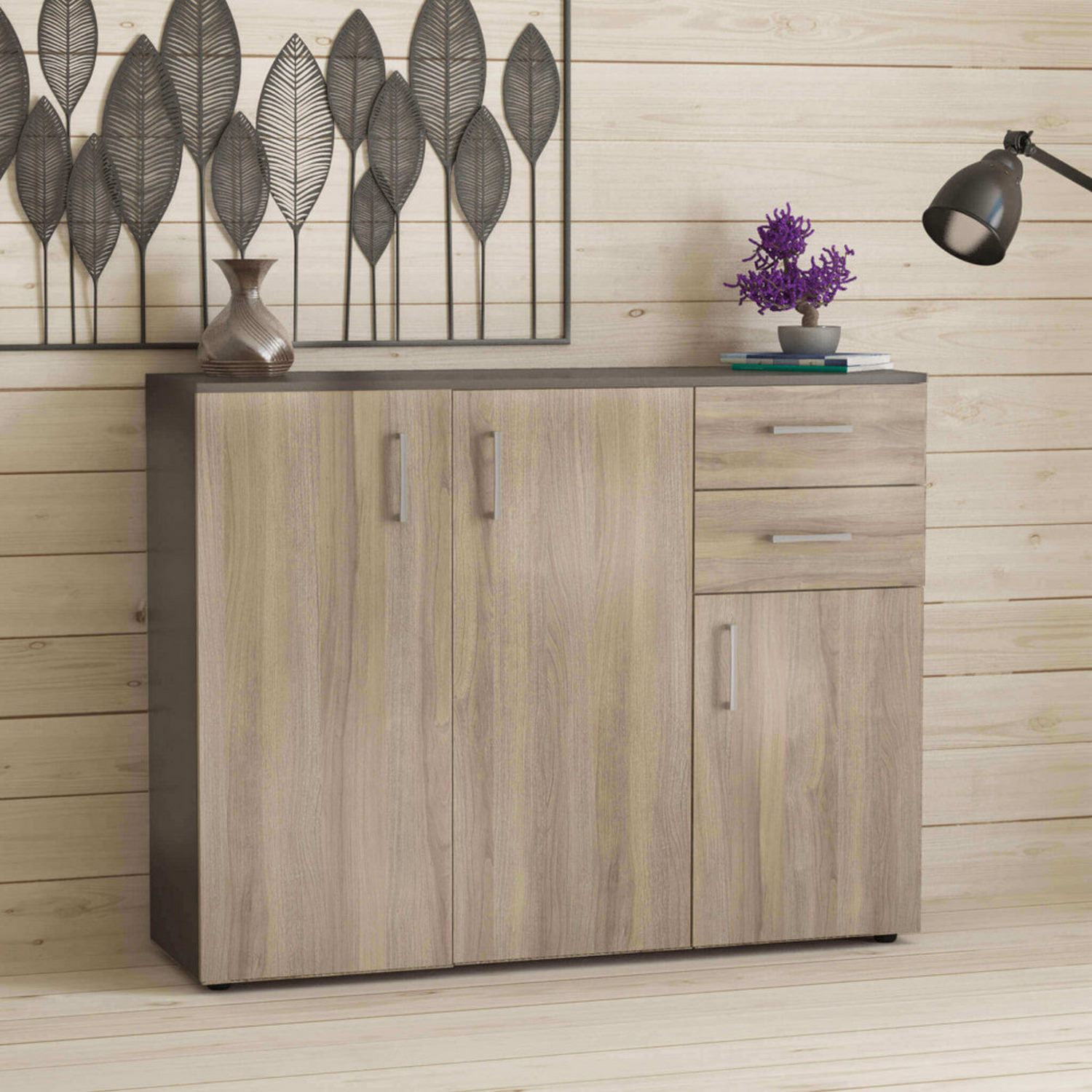 foto del prodotto mobile contenitivo con 3 ante e 2 cassetti di colore olmo e grigio scuro mod. flexi