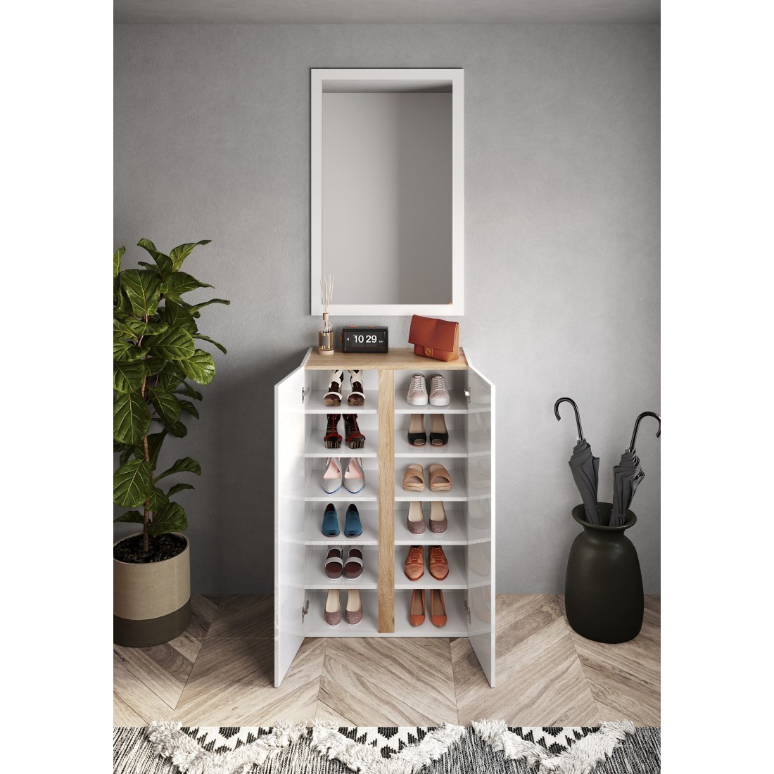 foto del prodotto mobile contenitore con 2 ante e 5 ripiani regolabili, collezione key, colore bianco lucido laccato e rovere cadiz.