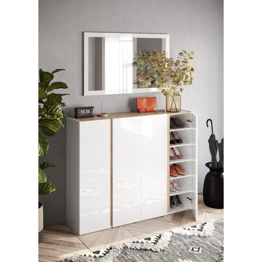 foto del prodotto mobile contenitore con 4 ante e 10 ripiani regolabili, collezione key, in color bianco lucido e rovere cadiz.