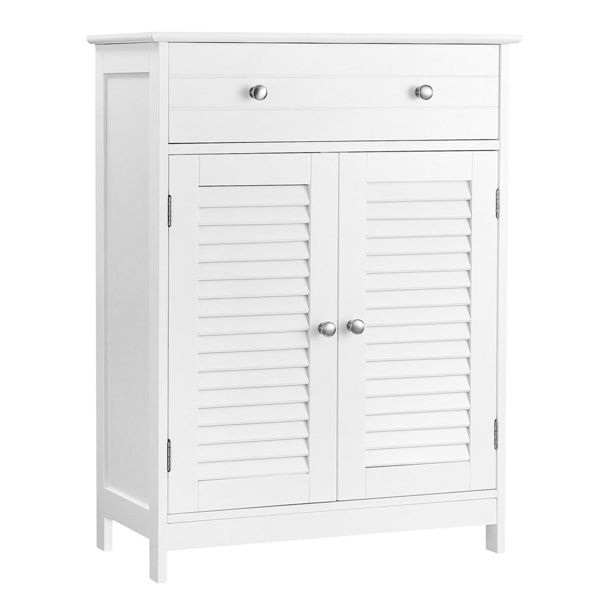 foto del prodotto mobile contenitore mobiletto da bagno armadio 60 x 30 x 80 cm con 2 ante a persiana cassetto ripiano regolabile stile nordico scandinavo bianco opaco 12 0002415