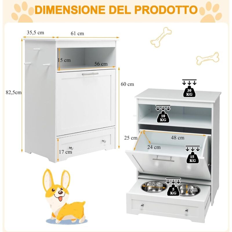 foto del prodotto mobile contenitore per animali domestici con 2 ciotole in acciaio inossidabile, armadio per alimentazione con ampio spazio e dispositivo