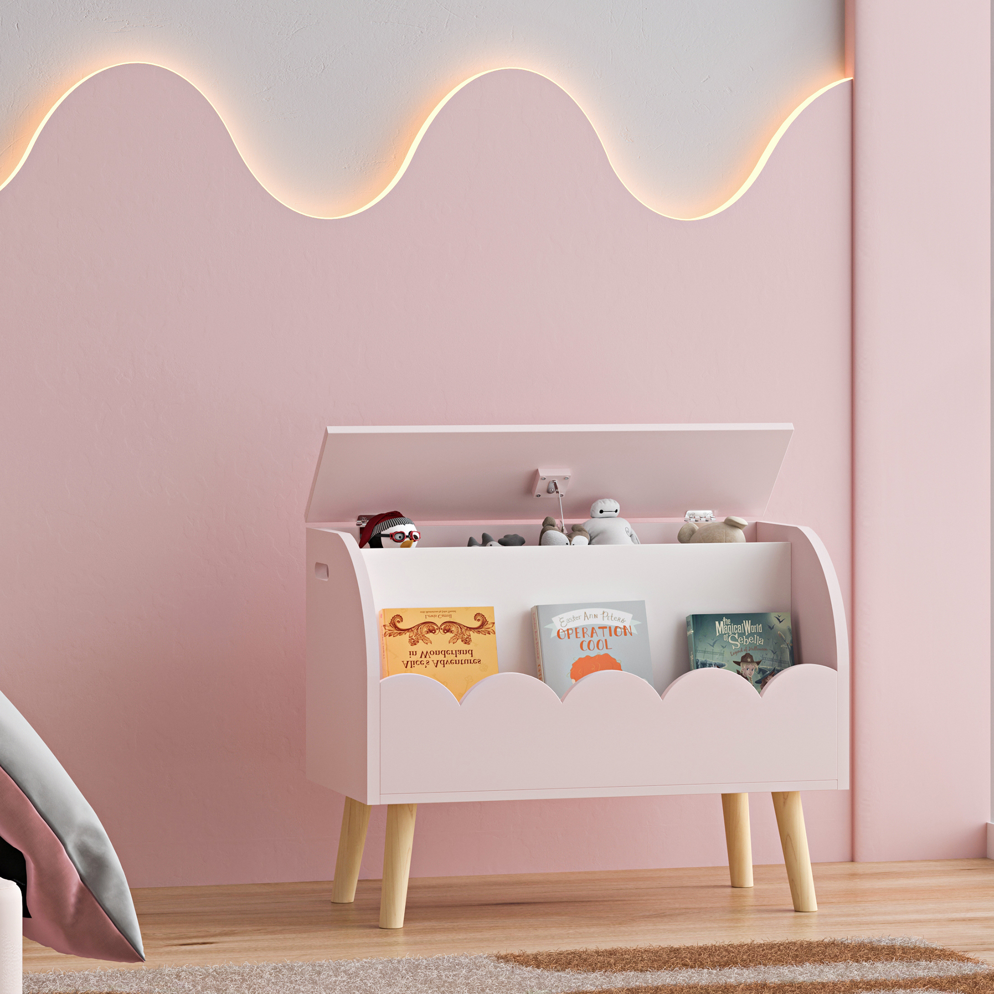 foto del prodotto mobile contenitore vestnes portagiocattoli per cameretta con vano chiuso e aperto rosa bianco en.casa 
