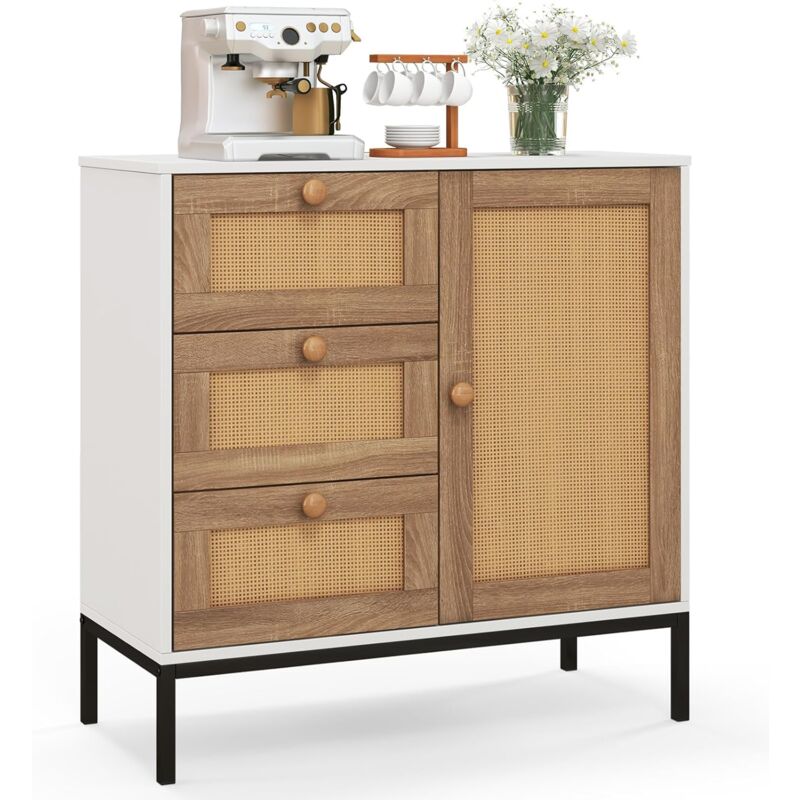 foto del prodotto mobile credenza con ante in rattan, mobile buffet da cucina con 3 cassetti, per cucina, soggiorno e ingresso, 80 x 35 x 80,5 cm costway