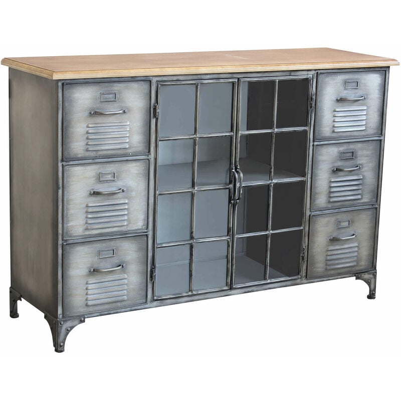 foto del prodotto mobile credenza da interno bar pub interamente in ferro con piano in legno 6 cassetti e 2 ante centrali linea industrial