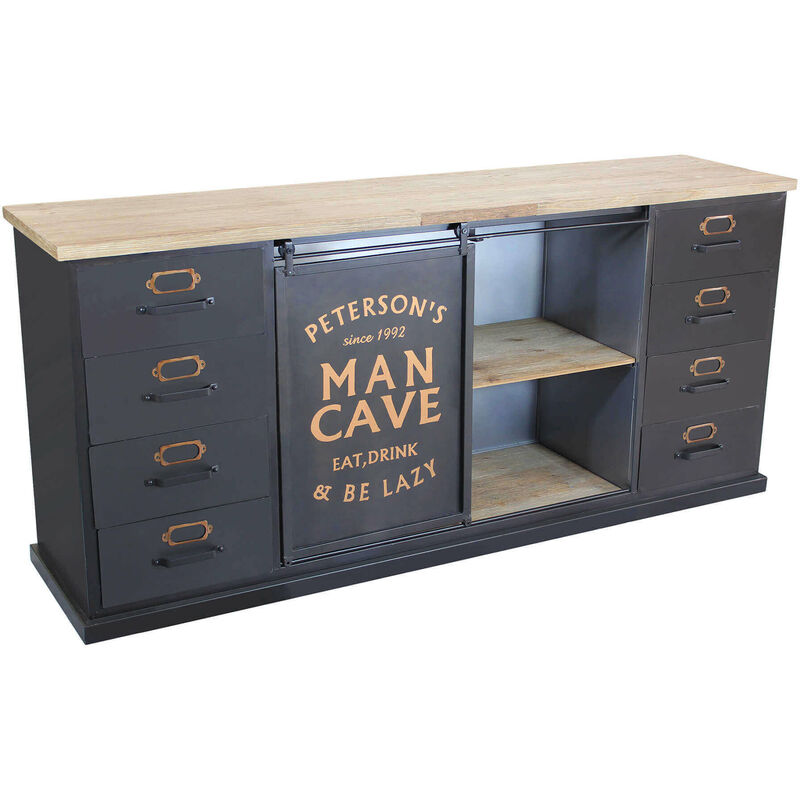 foto del prodotto mobile credenza da interno salotto bar pub e ristoranti in acciaio e legno con 8 cassetti e ante scorrevoli linea industrial