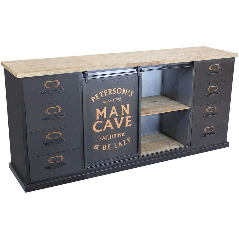 foto del prodotto mobile credenza da interno salotto bar pub e ristoranti in acciaio e legno con 8 cassetti e ante scorrevoli linea industrial