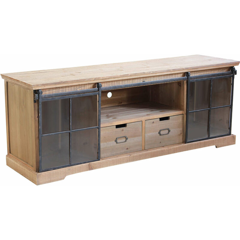 foto del prodotto mobile credenza madia in acciaio e legno con 2 ante laterali scorrevoli in vetro 2 cassetti e 1 ripiano centrale linea industrial